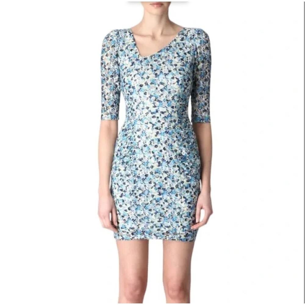 Reiss Blue Floral Mesh Lace Asymmetric Neck Rachel Mini Dress Size 2